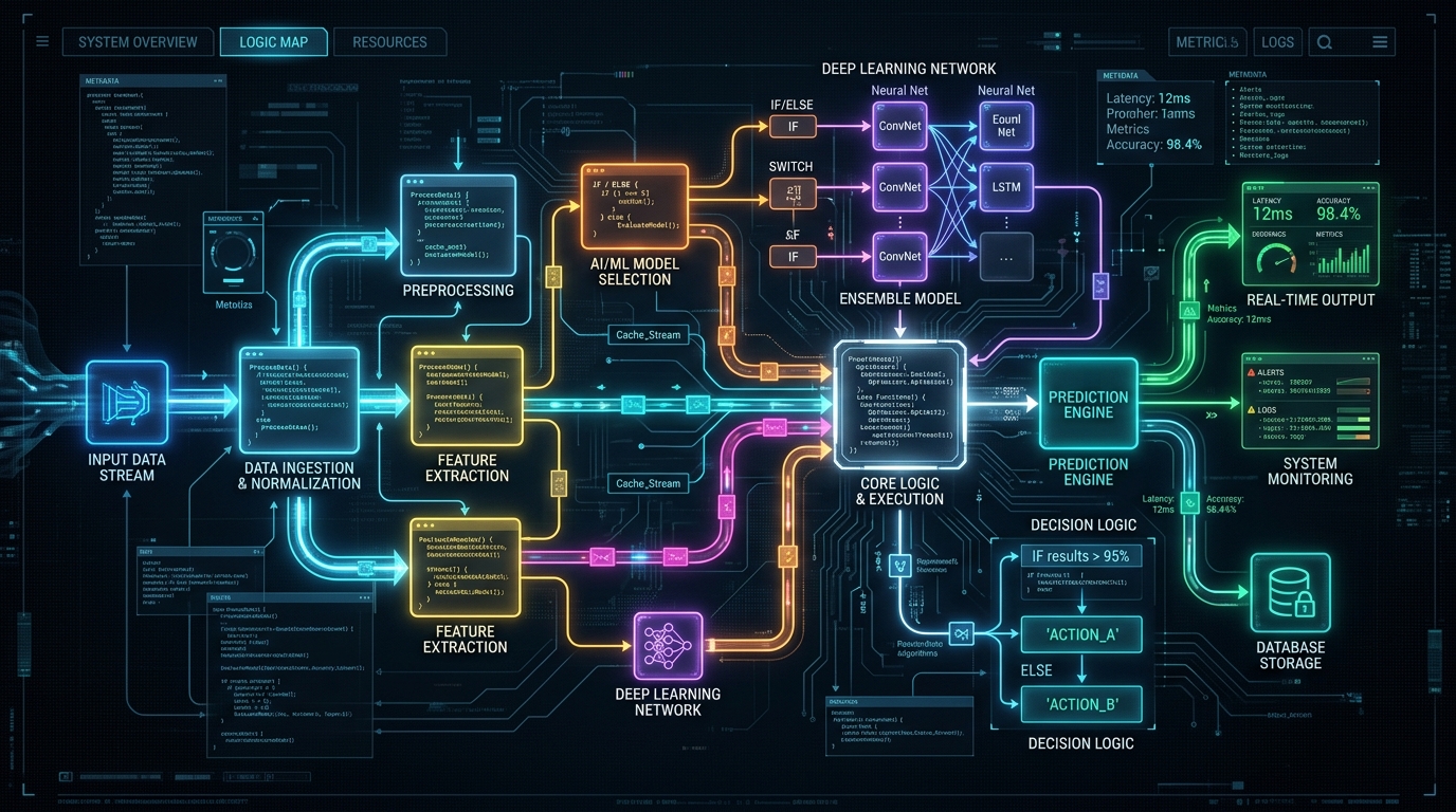 Enterprise logic flow diagram showing business decision trees and analytical data pipelines at LORD Studio