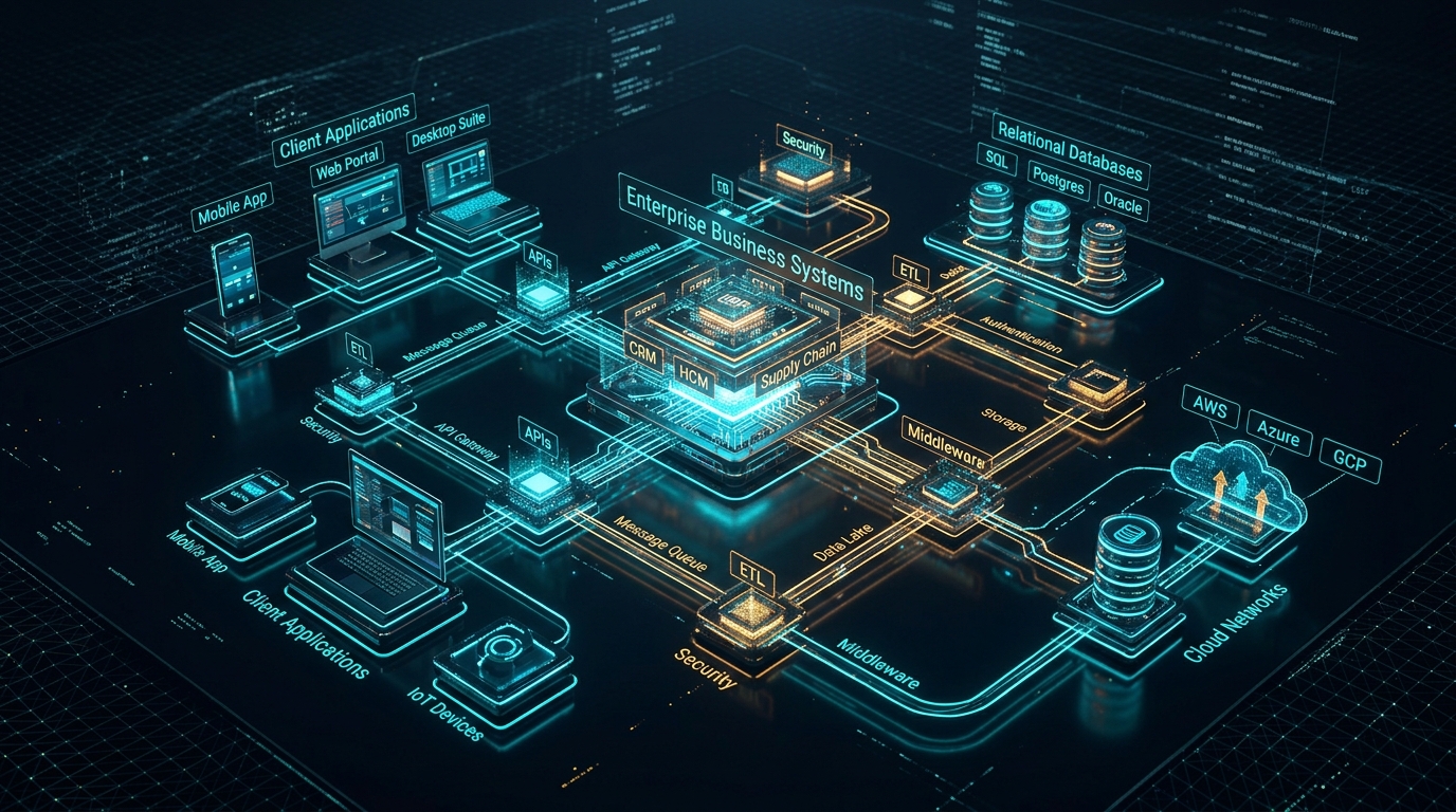 System architecture diagram connecting business systems, client portals, databases, and cloud networks at LORD Studio