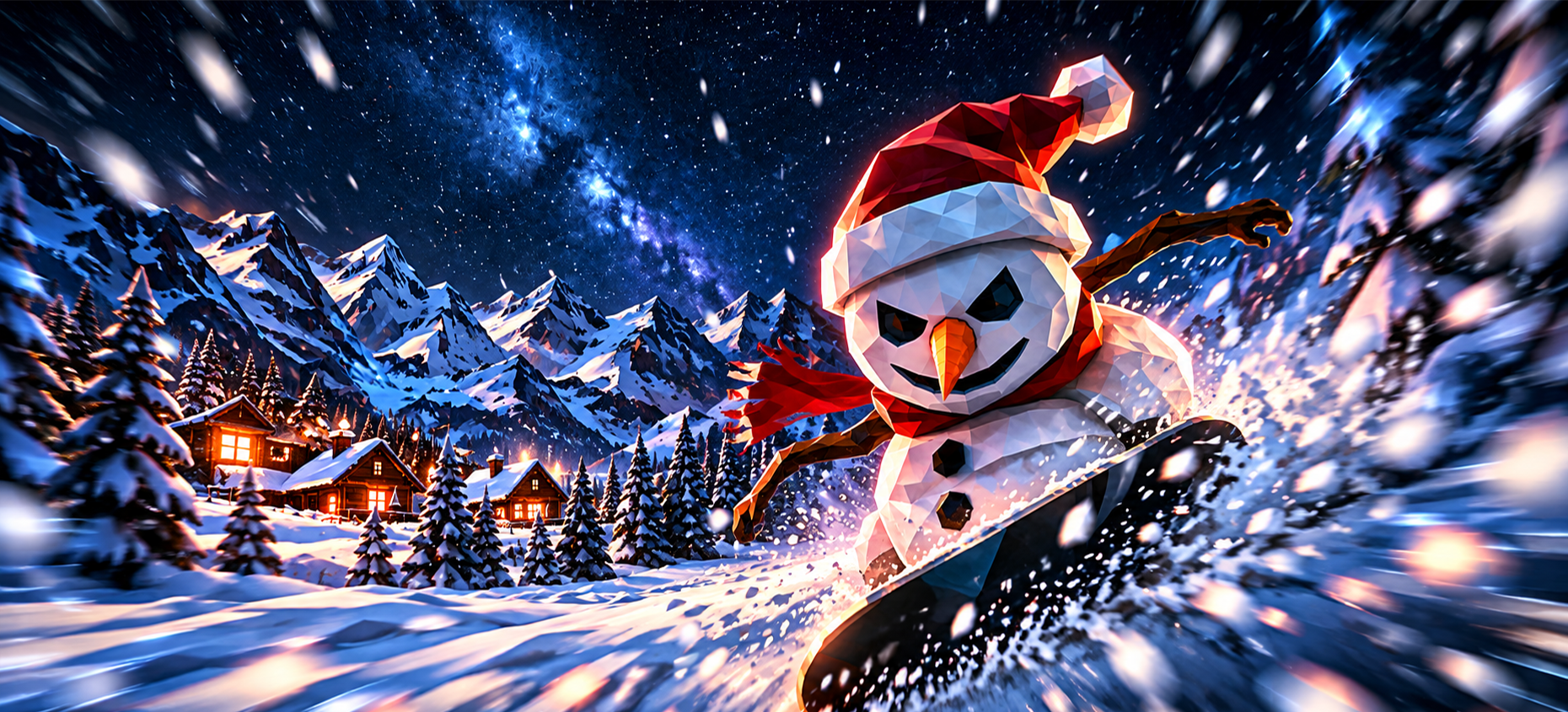 Winterman concept artwork showing a snowman snowboarding through a snowy mountain landscape